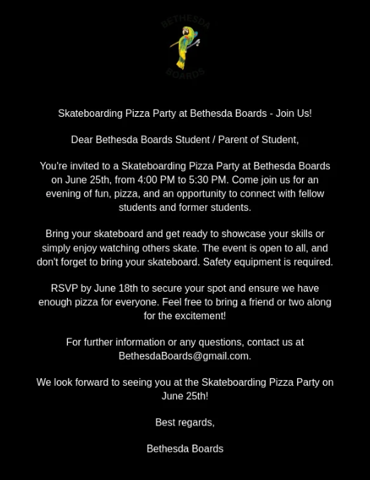 Skateboarding Pizza Party June 25th from 4:00pm to 5:30pm